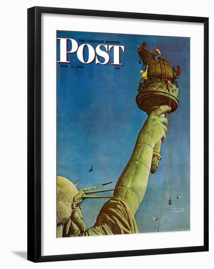 "Working on the Statue of Liberty" Saturday Evening Post Cover, July 6,1946-Norman Rockwell-Framed Premium Giclee Print