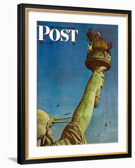 "Working on the Statue of Liberty" Saturday Evening Post Cover, July 6,1946-Norman Rockwell-Framed Premium Giclee Print