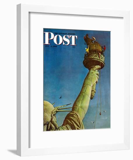 "Working on the Statue of Liberty" Saturday Evening Post Cover, July 6,1946-Norman Rockwell-Framed Premium Giclee Print