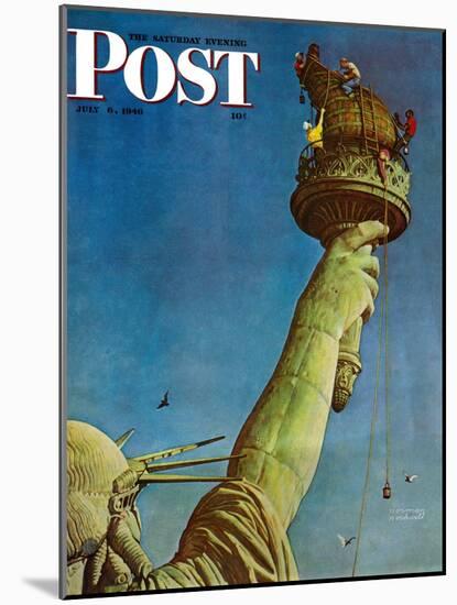 "Working on the Statue of Liberty" Saturday Evening Post Cover, July 6,1946-Norman Rockwell-Mounted Premium Giclee Print