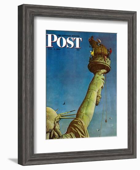 "Working on the Statue of Liberty" Saturday Evening Post Cover, July 6,1946-Norman Rockwell-Framed Giclee Print