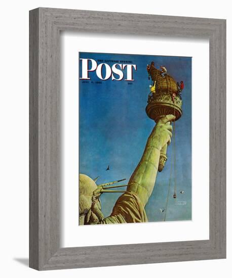 "Working on the Statue of Liberty" Saturday Evening Post Cover, July 6,1946-Norman Rockwell-Framed Giclee Print