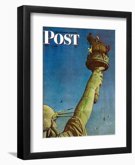 "Working on the Statue of Liberty" Saturday Evening Post Cover, July 6,1946-Norman Rockwell-Framed Giclee Print