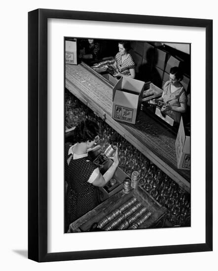 Working to Add Lids to Square Quart Ball Fruit Jars Used in Home Canning, Ball Mason Jar Plant-Margaret Bourke-White-Framed Photographic Print
