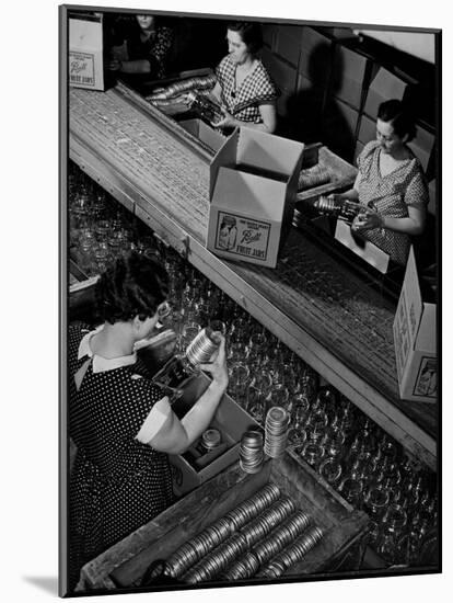 Working to Add Lids to Square Quart Ball Fruit Jars Used in Home Canning, Ball Mason Jar Plant-Margaret Bourke-White-Mounted Photographic Print