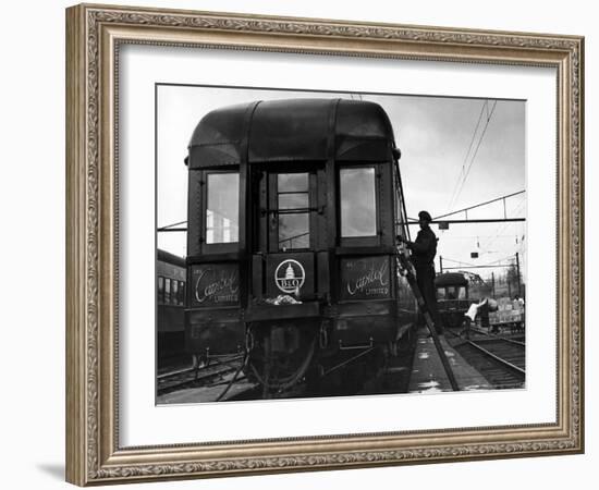 Workman Cleaning Car of the "Capitol Limited" in Yard at Union Station-Alfred Eisenstaedt-Framed Photographic Print