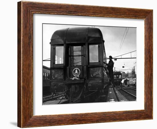 Workman Cleaning Car of the "Capitol Limited" in Yard at Union Station-Alfred Eisenstaedt-Framed Photographic Print