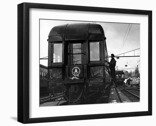 Workman Cleaning Car of the "Capitol Limited" in Yard at Union Station-Alfred Eisenstaedt-Framed Photographic Print