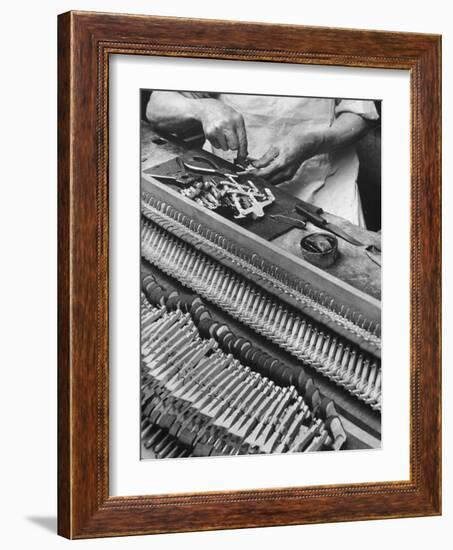 Workman Installing Some of the Whippens, Shanks and Hammers at the Steinway Piano Factory-Margaret Bourke-White-Framed Premium Photographic Print