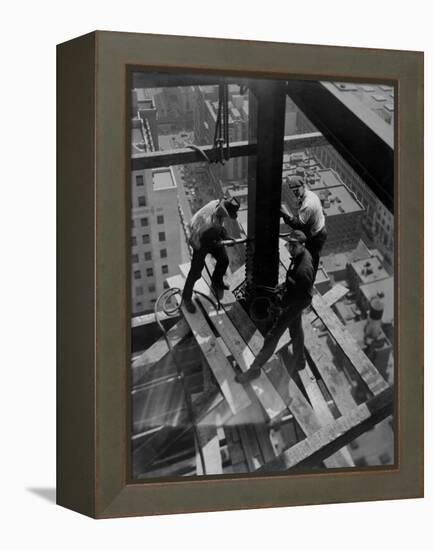 Workmen Attach Steel Beams Above Street During Construction of the Manhattan Company Building-Arthur Gerlach-Framed Premier Image Canvas