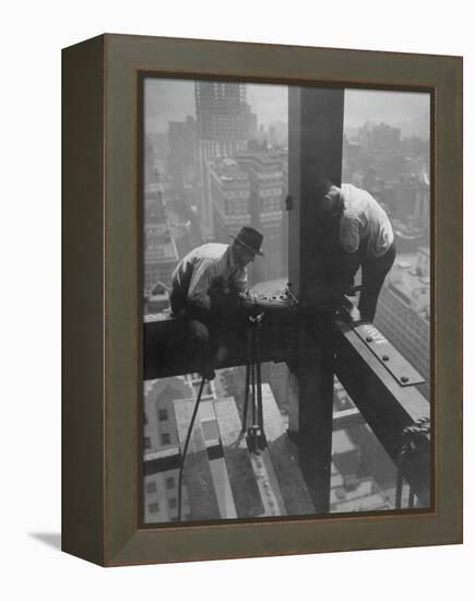 Workmen Attaching Steel Beams High Above Street During Construction of Manhattan Company Building-Arthur Gerlach-Framed Premier Image Canvas