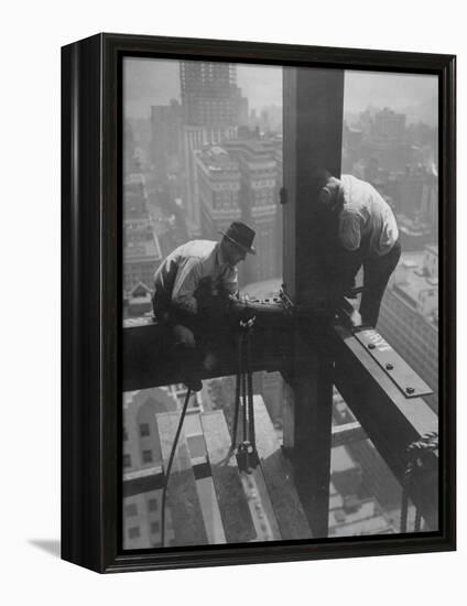 Workmen Attaching Steel Beams High Above Street During Construction of Manhattan Company Building-Arthur Gerlach-Framed Premier Image Canvas