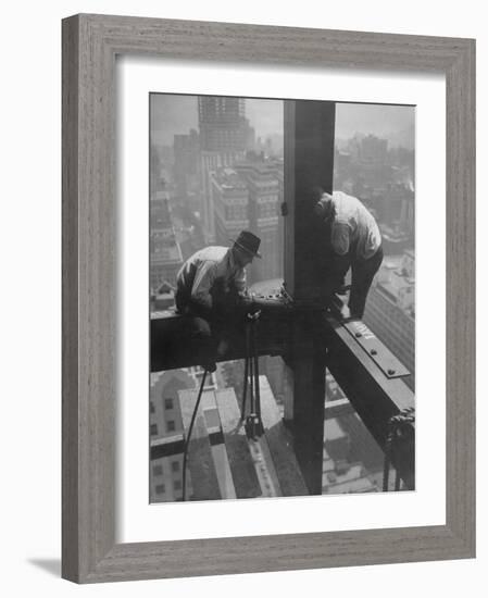 Workmen Attaching Steel Beams High Above Street During Construction of Manhattan Company Building-Arthur Gerlach-Framed Photographic Print