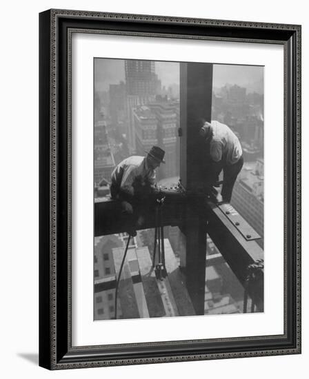 Workmen Attaching Steel Beams High Above Street During Construction of Manhattan Company Building-Arthur Gerlach-Framed Photographic Print