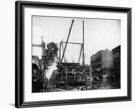 Workmen Erecting the Elevated Railroad Tracks on Atlantic Ave-Wallace G^ Levison-Framed Premium Photographic Print