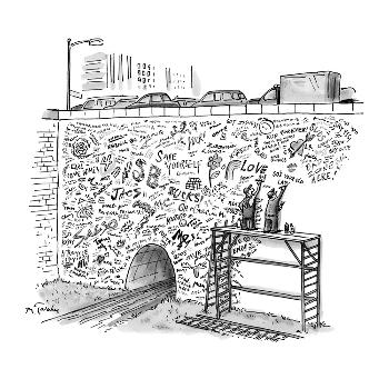 Workmen on scaffolding adding graffiti to a bridge. - New Yorker Cartoon'  Premium Giclee Print - Mike Twohy 
