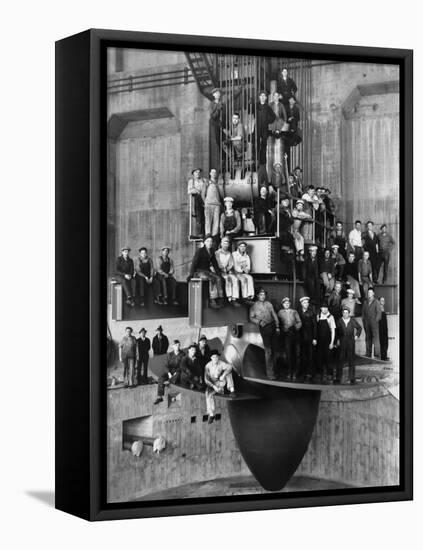 Workmen on the Giant Turbine in the Powerhouse of the Bonneville Dam, Ca. 1937-null-Framed Stretched Canvas