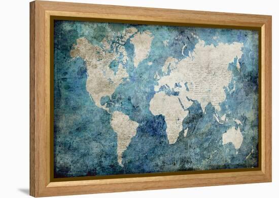 World Map Blue-Jane Fox-Framed Stretched Canvas