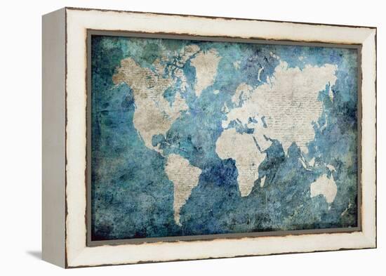 World Map Blue-Jane Fox-Framed Stretched Canvas