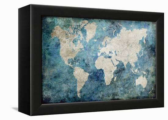 World Map Blue-Jane Fox-Framed Stretched Canvas