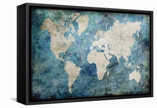 World Map Blue-Jane Fox-Framed Stretched Canvas