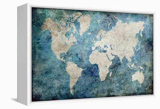 World Map Blue-Jane Fox-Framed Stretched Canvas