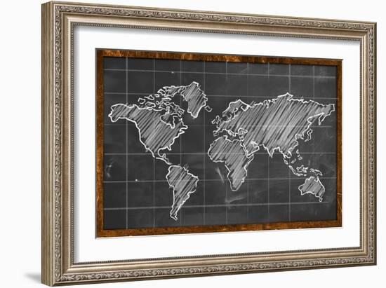 World Map Chalk Drawing Blackboard-NatanaelGinting-Framed Art Print