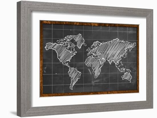 World Map Chalk Drawing Blackboard-NatanaelGinting-Framed Art Print