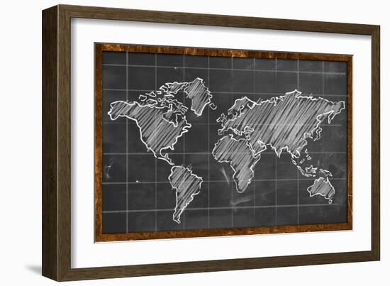 World Map Chalk Drawing Blackboard-NatanaelGinting-Framed Art Print