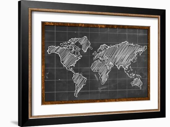 World Map Chalk Drawing Blackboard-NatanaelGinting-Framed Art Print