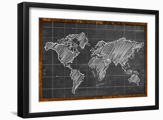 World Map Chalk Drawing Blackboard-NatanaelGinting-Framed Art Print