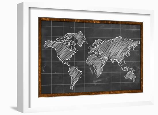 World Map Chalk Drawing Blackboard-NatanaelGinting-Framed Art Print