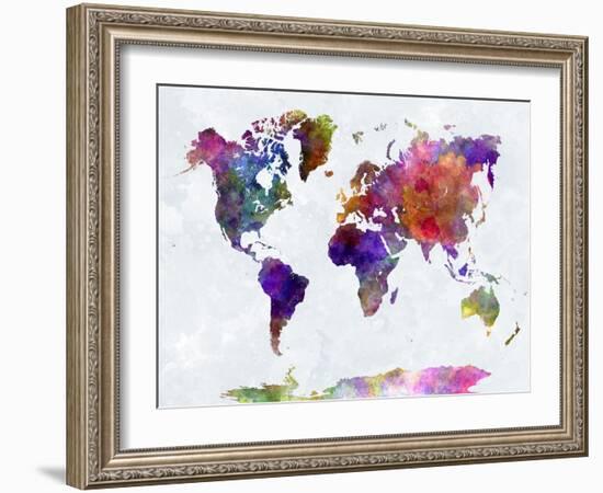 World Map in Watercolorpurple and Blue-paulrommer-Framed Art Print