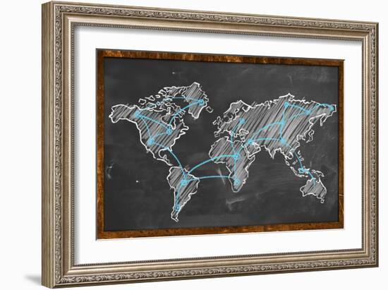 World Map Networking Blue Chalk-NatanaelGinting-Framed Art Print