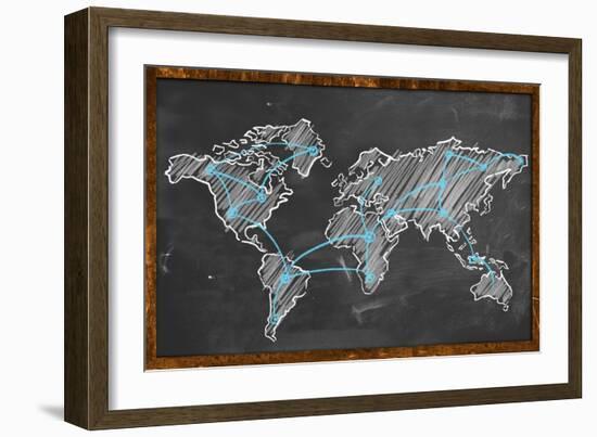 World Map Networking Blue Chalk-NatanaelGinting-Framed Art Print