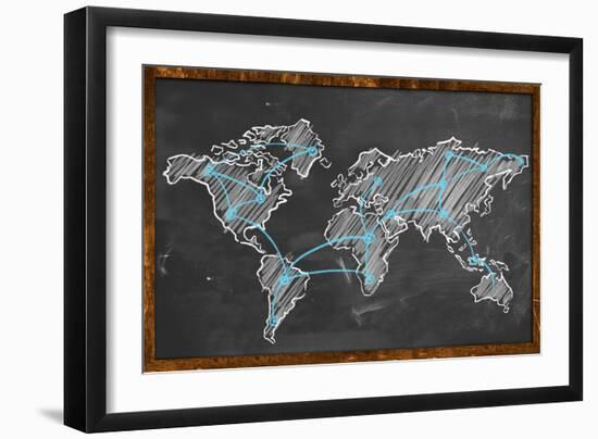 World Map Networking Blue Chalk-NatanaelGinting-Framed Art Print