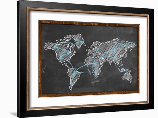 World Map Networking Blue Chalk-NatanaelGinting-Framed Art Print