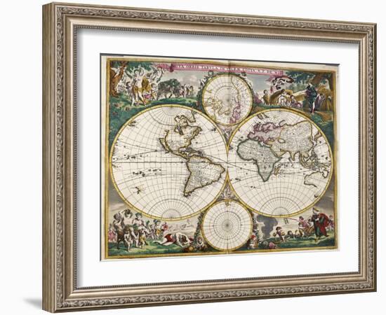 World Map (Nova Orbis Tabula) from 'Nicolass Visscher Atlas Minor' C.1719-Frederick de Wit-Framed Giclee Print