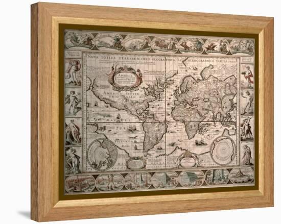 World Map: "Nova Totius Terrarum Orbis Geographica Ac Hydrographica Tabula", 1608-Pieter van den Keere-Framed Premier Image Canvas