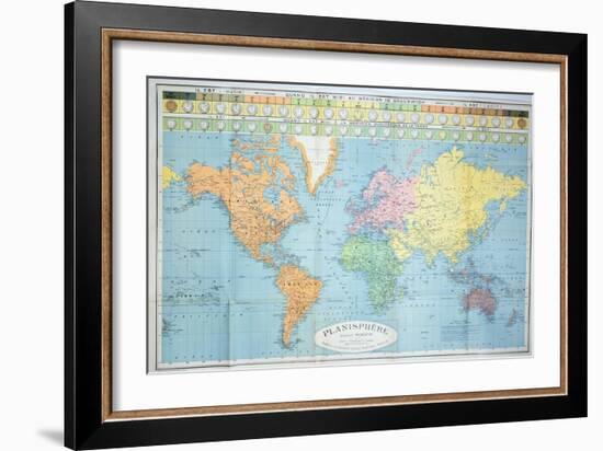 World Map of the Different Time Zones, Published by Blondel La Rougery in Paris c.1920-null-Framed Giclee Print