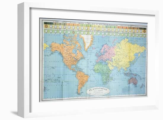 World Map of the Different Time Zones, Published by Blondel La Rougery in Paris c.1920-null-Framed Giclee Print