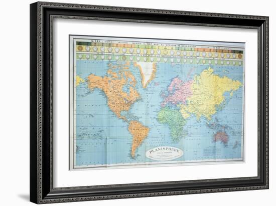 World Map of the Different Time Zones, Published by Blondel La Rougery in Paris c.1920-null-Framed Giclee Print