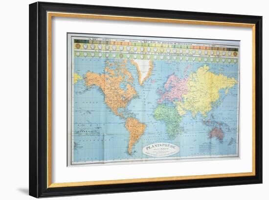 World Map of the Different Time Zones, Published by Blondel La Rougery in Paris c.1920-null-Framed Giclee Print