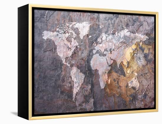 World Map on Stone Background-Michael Tompsett-Framed Stretched Canvas