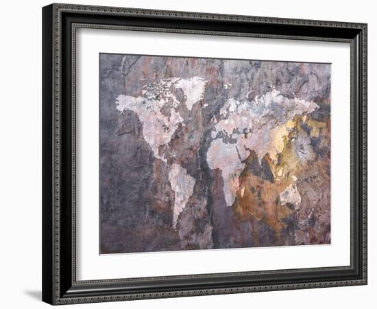 World Map on Stone Background-Michael Tompsett-Framed Art Print