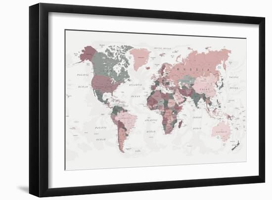 World Map Pink Green 2-Urban Epiphany-Framed Art Print