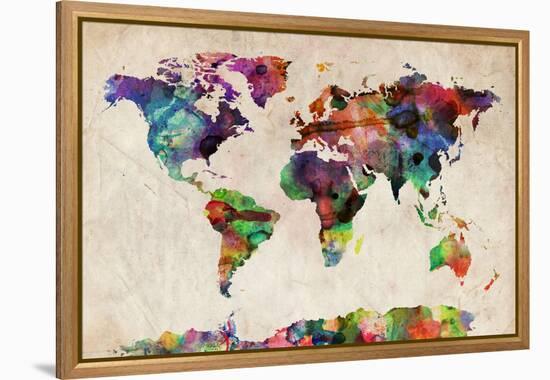 World Map Urban Watercolour-Michael Tompsett-Framed Stretched Canvas