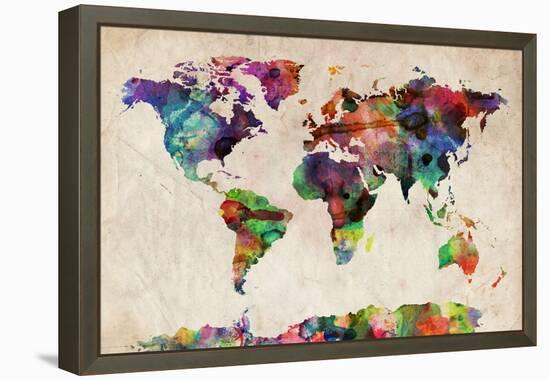 World Map Urban Watercolour-Michael Tompsett-Framed Stretched Canvas