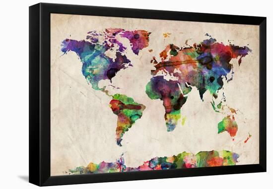 World Map Urban Watercolour-Michael Tompsett-Framed Stretched Canvas