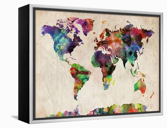 World Map Urban Watercolour-Michael Tompsett-Framed Stretched Canvas